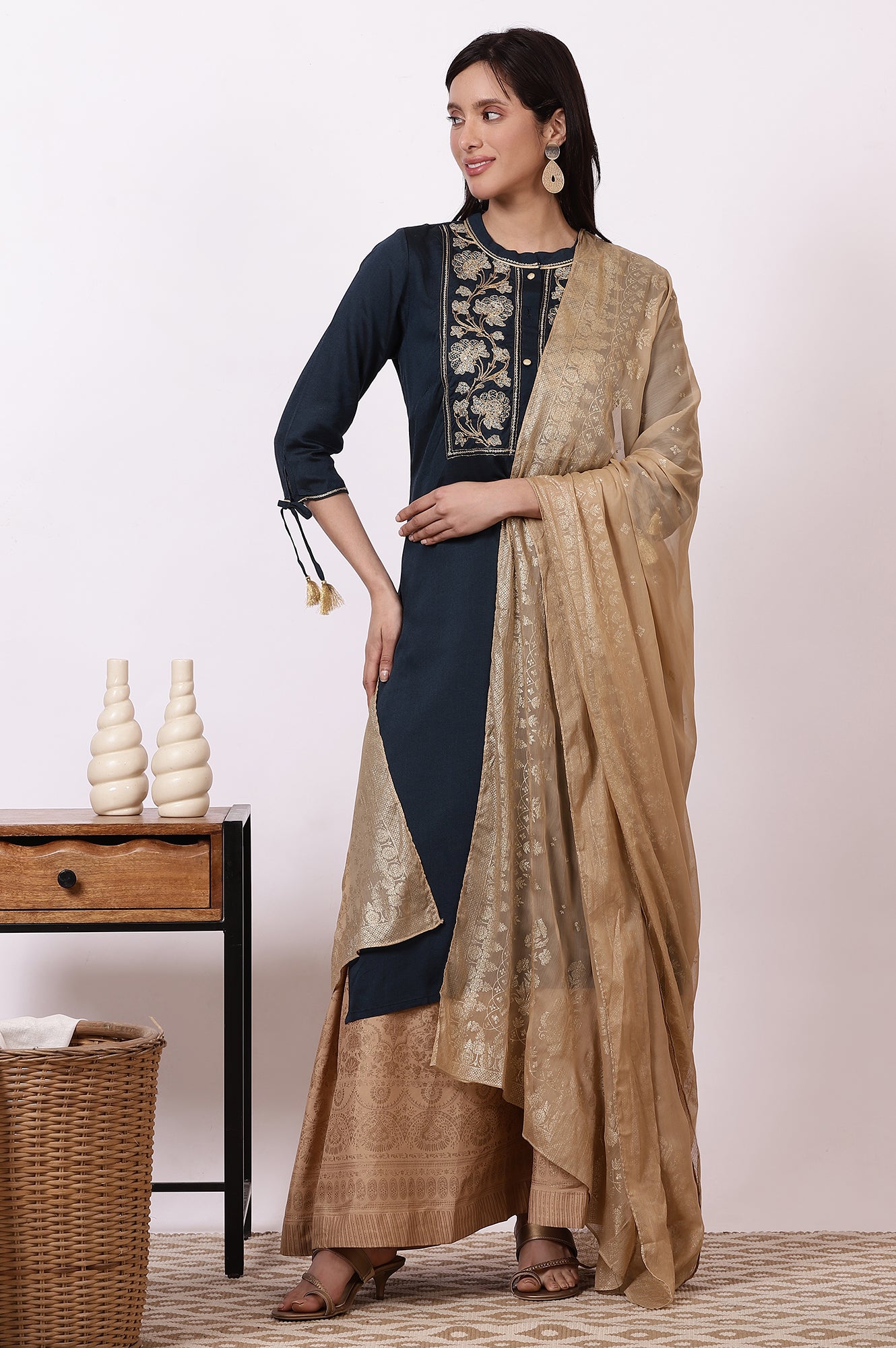 Blue Zari Embroidered Straight Kurta, Flared Skirt and Dupatta Set