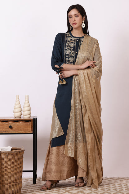 Blue Zari Embroidered Straight Kurta, Flared Skirt and Dupatta Set