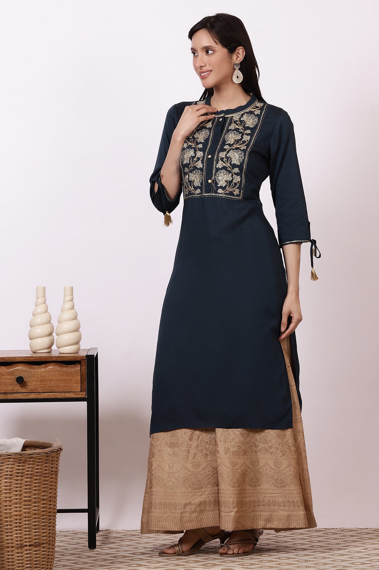 Blue Zari Embroidered Straight Kurta, Flared Skirt and Dupatta Set