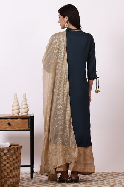 Blue Zari Embroidered Straight Kurta, Flared Skirt and Dupatta Set