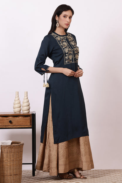 Blue Zari Embroidered Straight Kurta, Flared Skirt and Dupatta Set