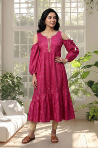Magenta Sequins Gold Printed Flared Kurta with Tights Set