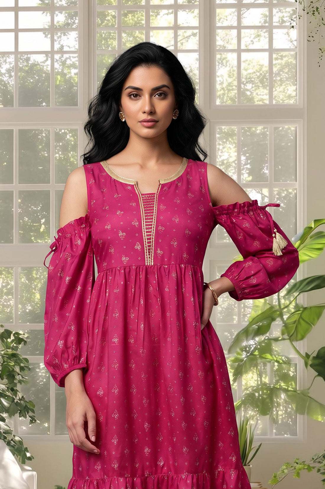 Magenta Sequins Gold Printed Flared Kurta with Tights Set