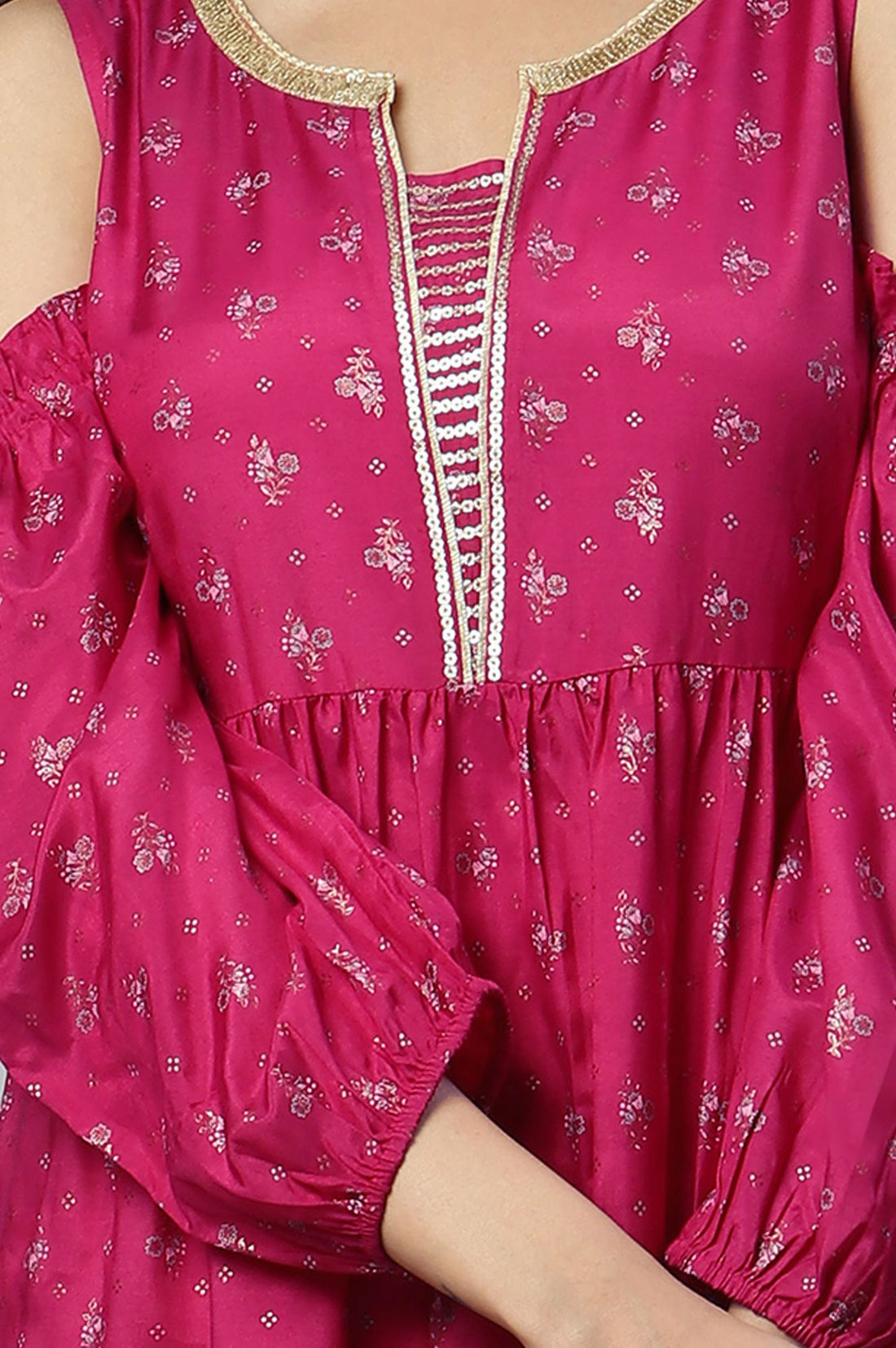Magenta Sequins Gold Printed Flared Kurta with Tights Set