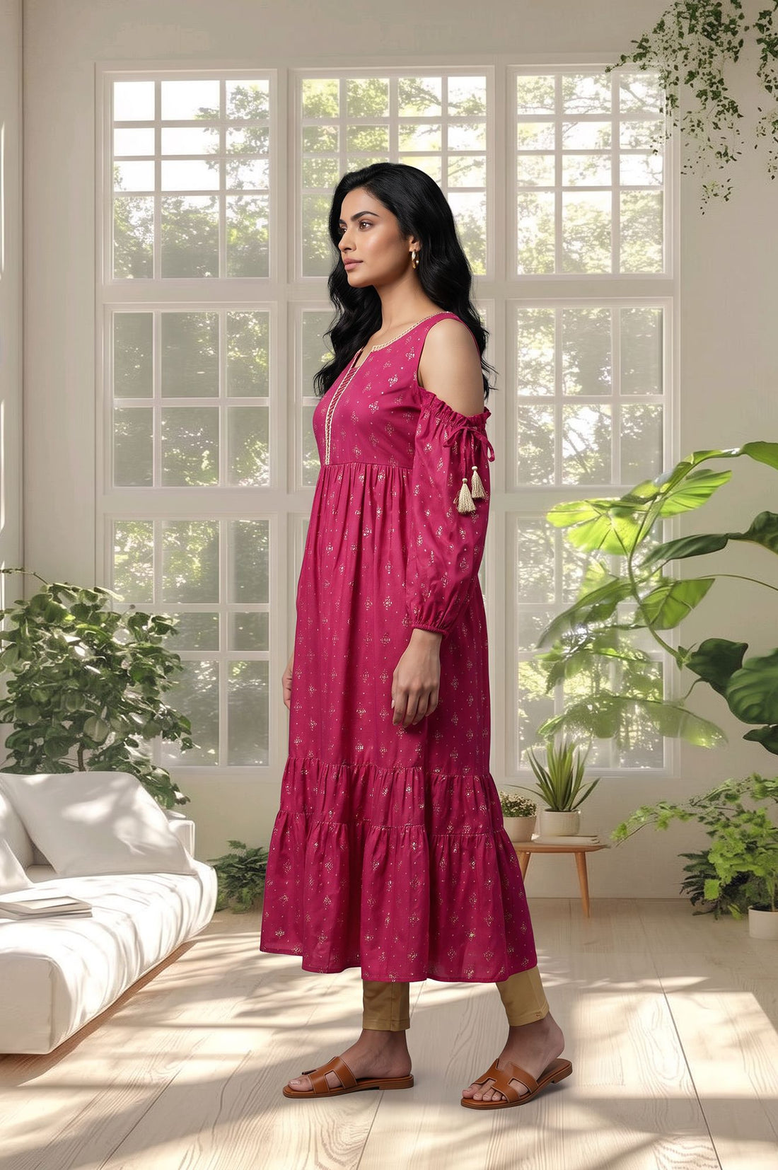 Magenta Sequins Gold Printed Flared Kurta with Tights Set