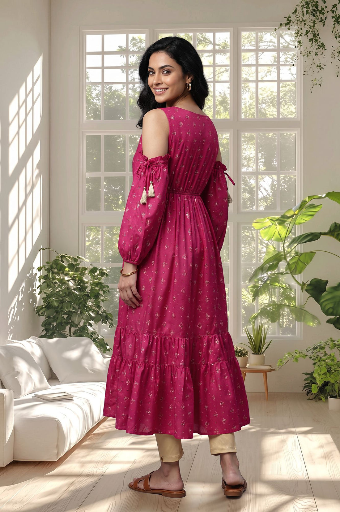Magenta Sequins Gold Printed Flared Kurta with Tights Set