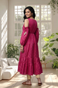 Magenta Sequins Gold Printed Flared Kurta with Tights Set