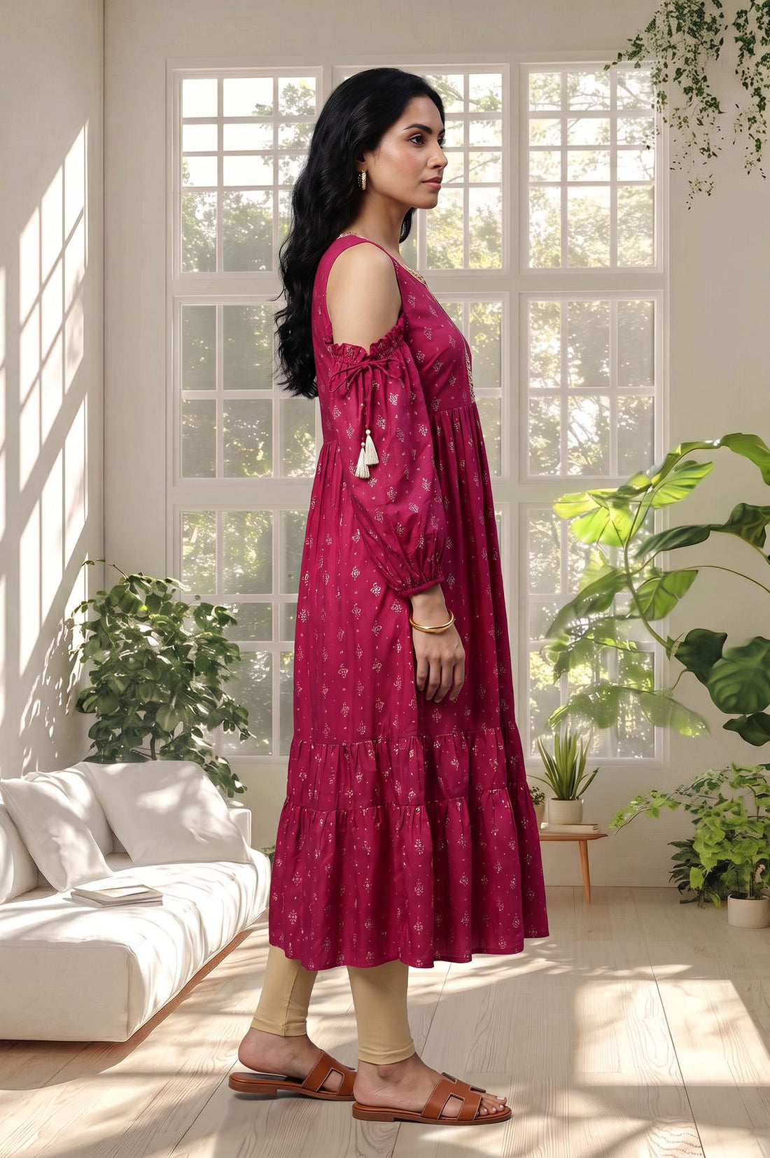 Magenta Sequins Gold Printed Flared Kurta with Tights Set