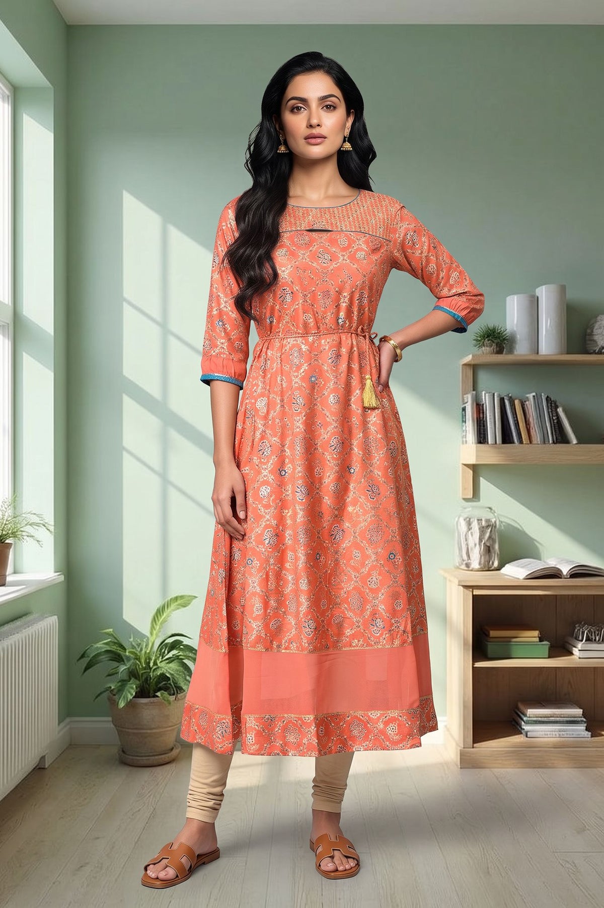 Peach Floral Printed Flared Kurta with Tights - S