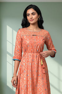 Peach Floral Printed Flared Kurta with Tights