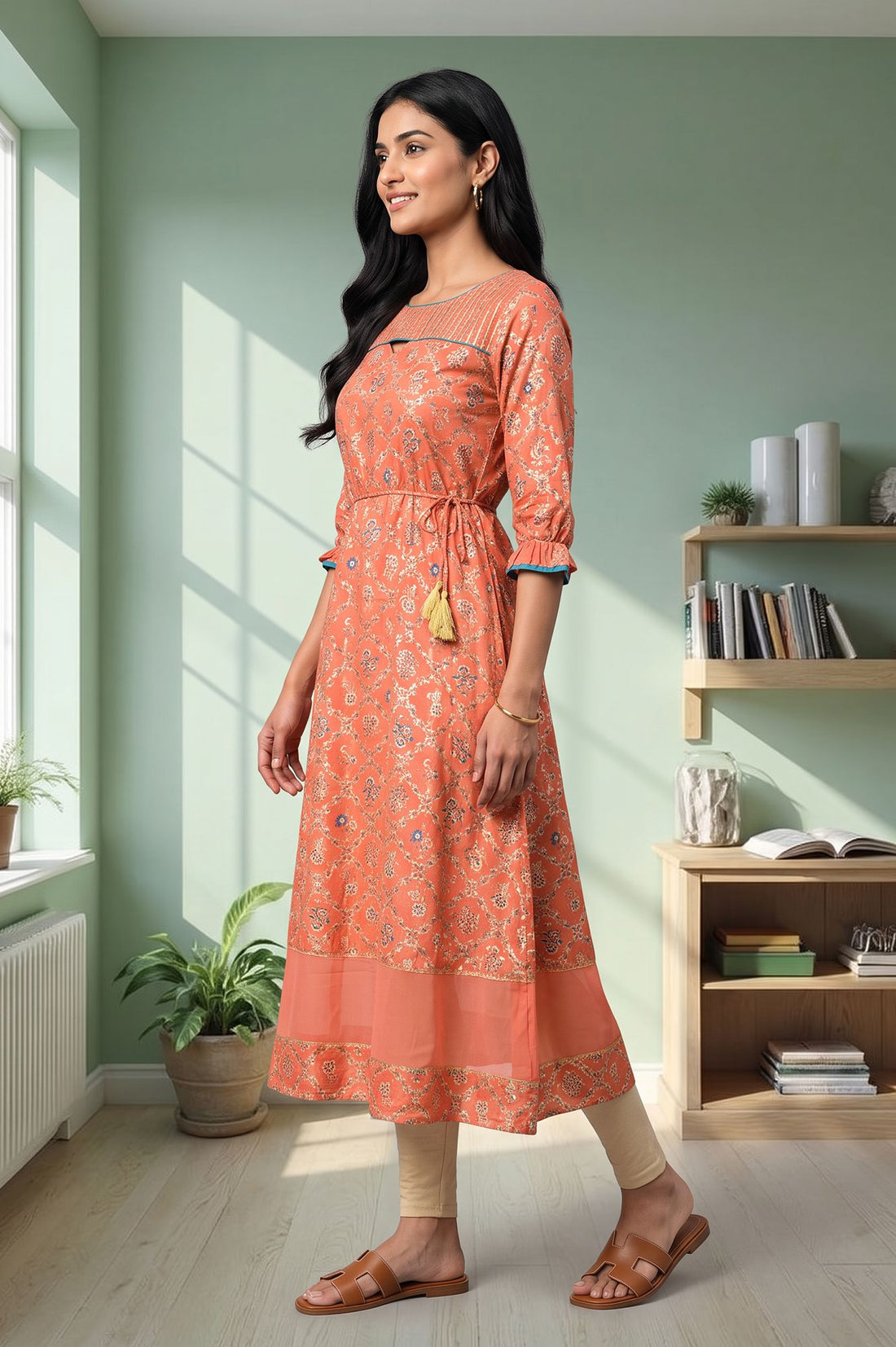 Peach Floral Printed Flared Kurta with Tights