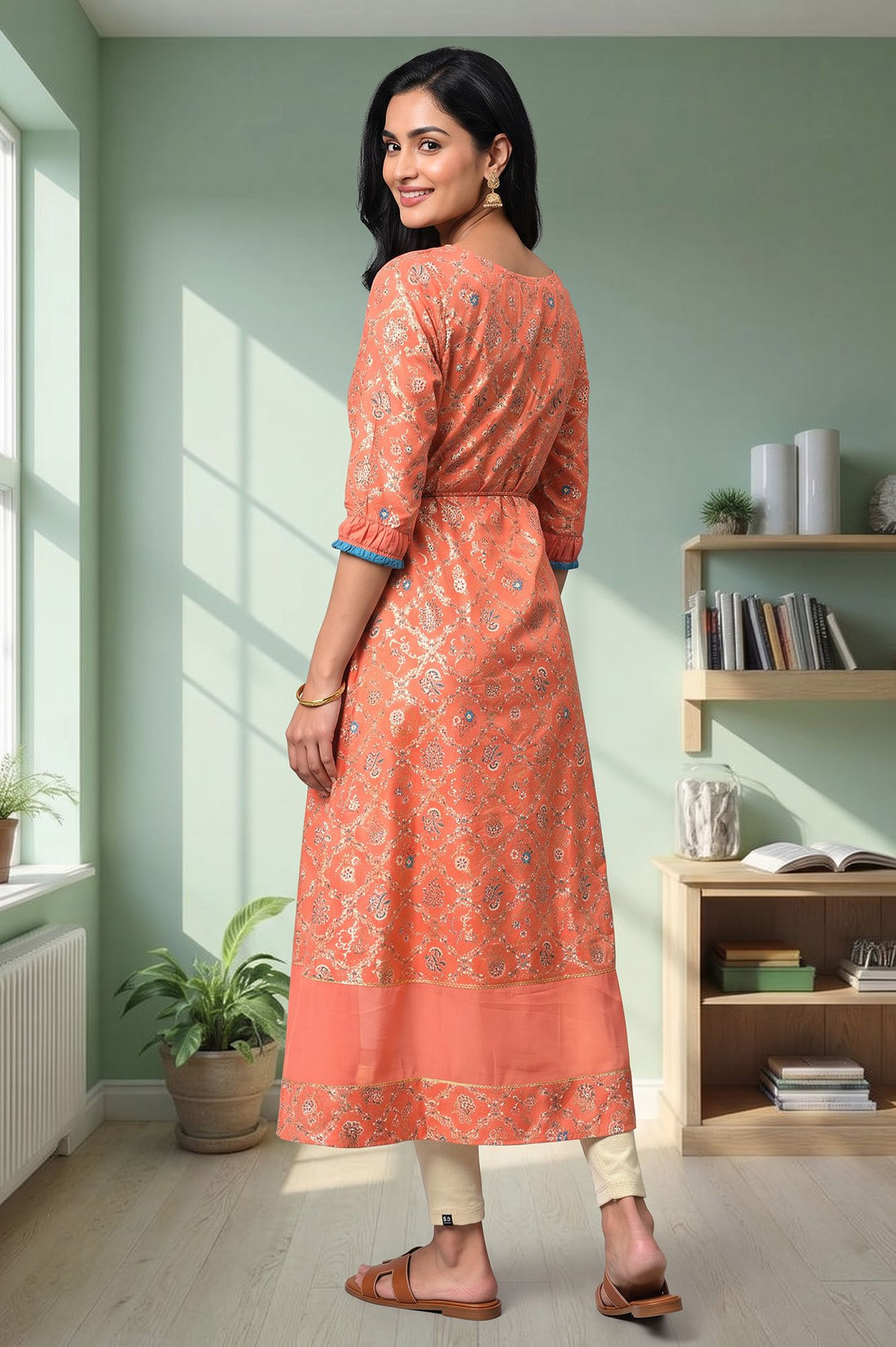 Peach Floral Printed Flared Kurta with Tights