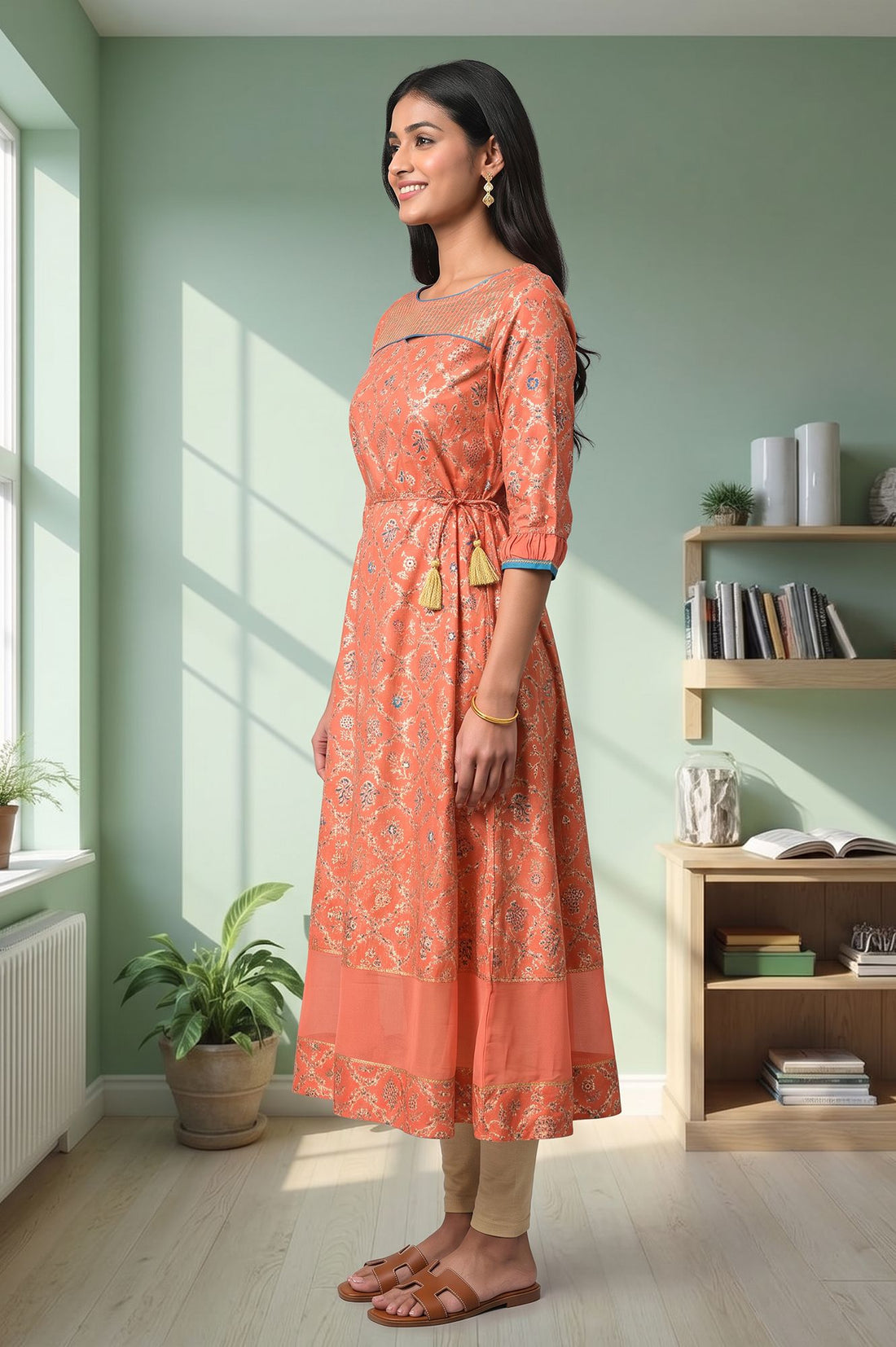 Peach Floral Printed Flared Kurta with Tights