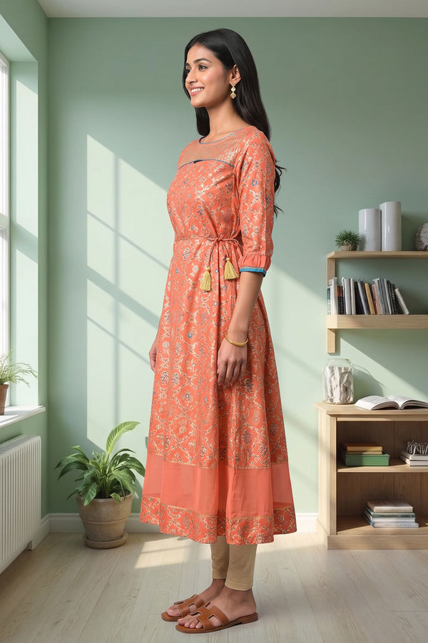Peach Floral Printed Flared Kurta with Tights