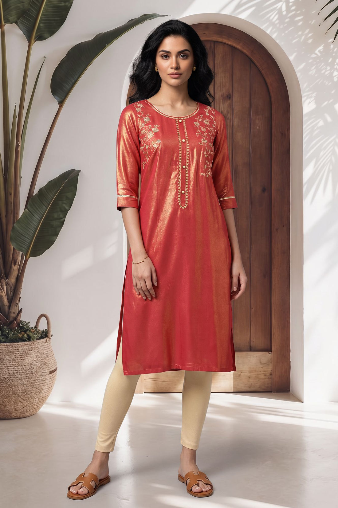 Red Zari Embroidered Rayon Straight Kurta with Tights Set