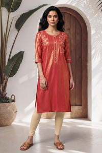 Red Zari Embroidered Rayon Straight Kurta with Tights Set