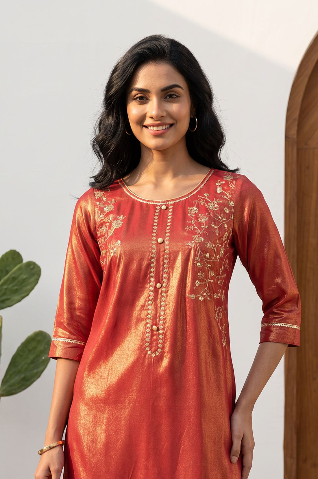 Red Zari Embroidered Rayon Straight Kurta with Tights Set