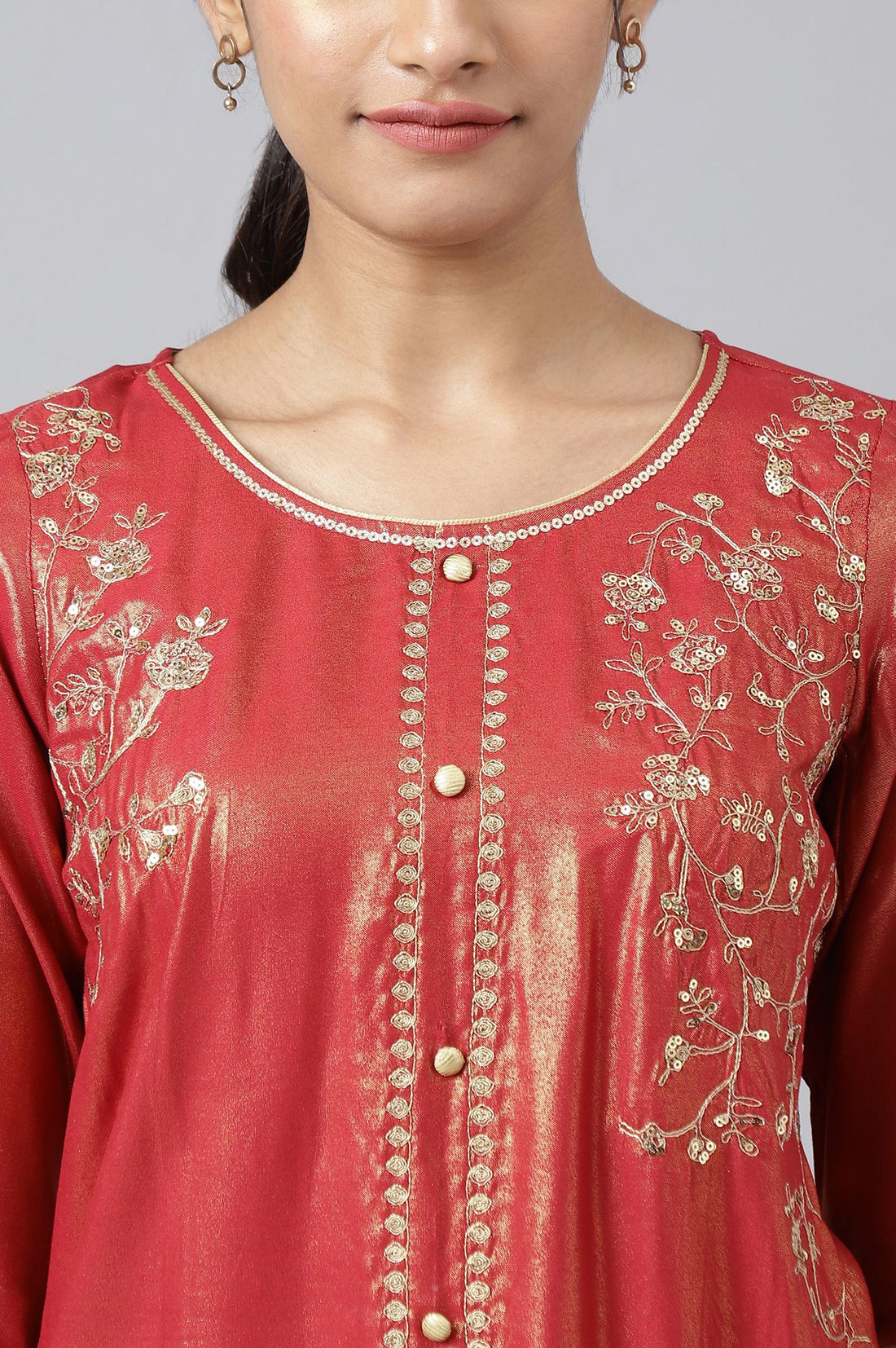 Red Zari Embroidered Rayon Straight Kurta with Tights Set