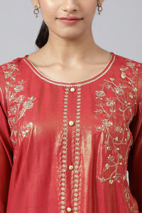 Red Zari Embroidered Rayon Straight Kurta with Tights Set