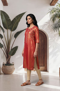 Red Zari Embroidered Rayon Straight Kurta with Tights Set