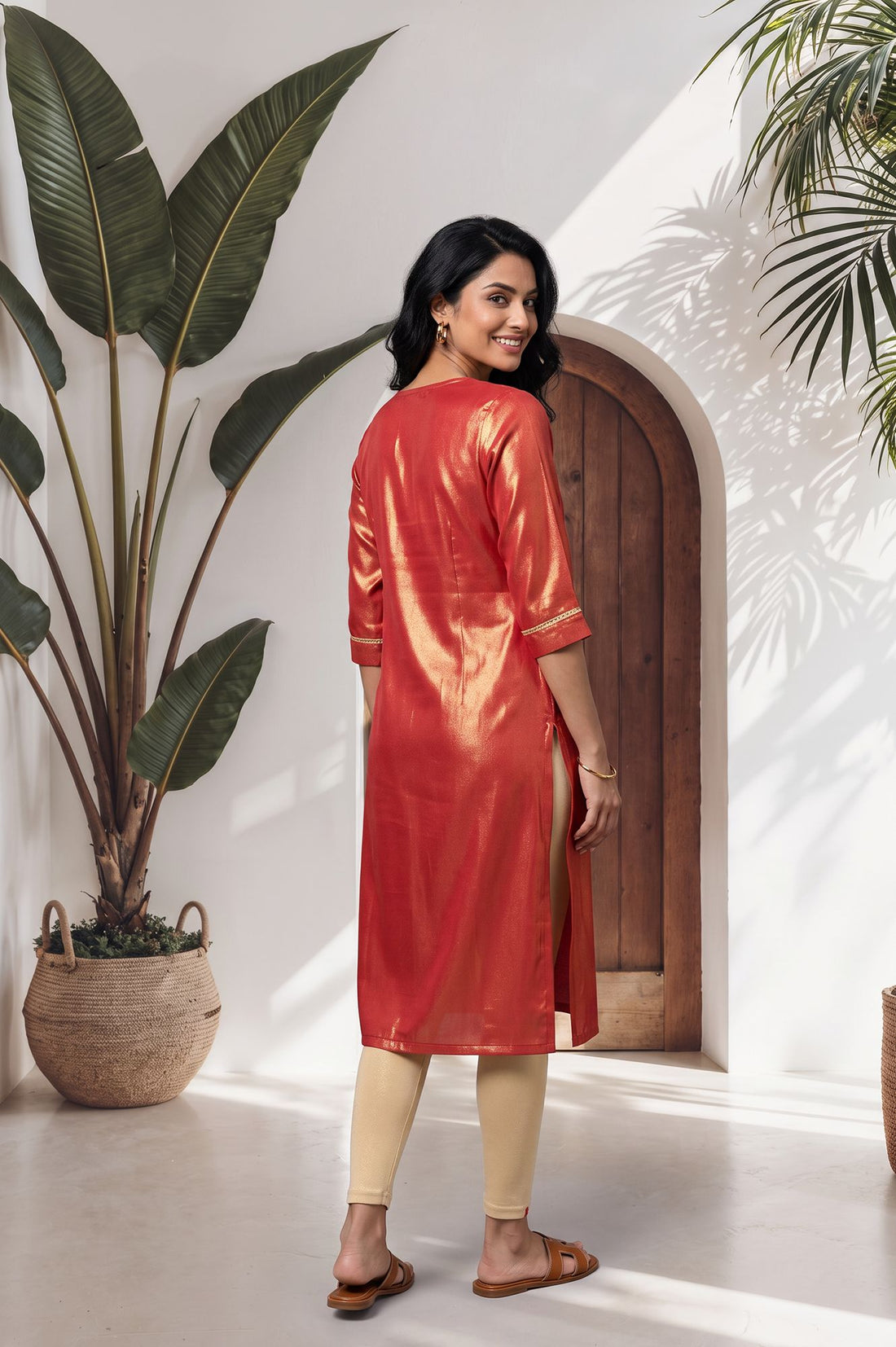 Red Zari Embroidered Rayon Straight Kurta with Tights Set