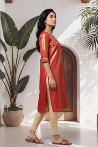 Red Zari Embroidered Rayon Straight Kurta with Tights Set