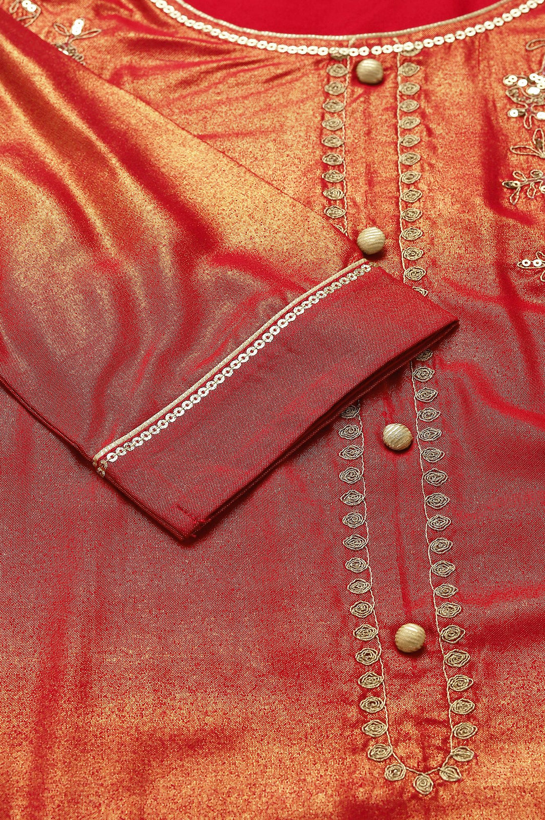 Red Zari Embroidered Rayon Straight Kurta with Tights Set