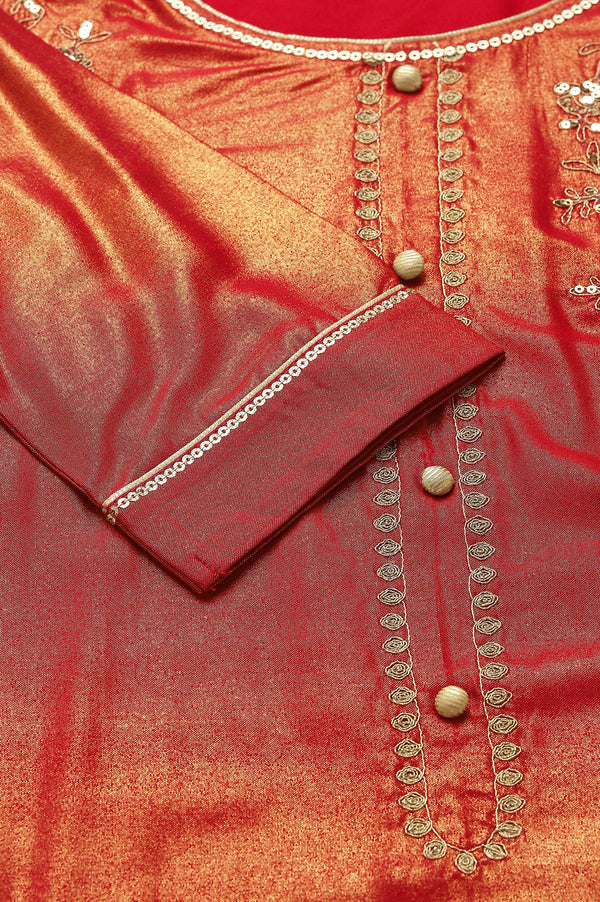 Red Zari Embroidered Rayon Straight Kurta with Tights Set