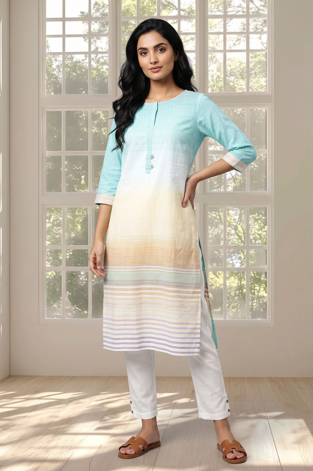 Multicolor Ombre Pure Cotton Straight Kurta with Trouser Set