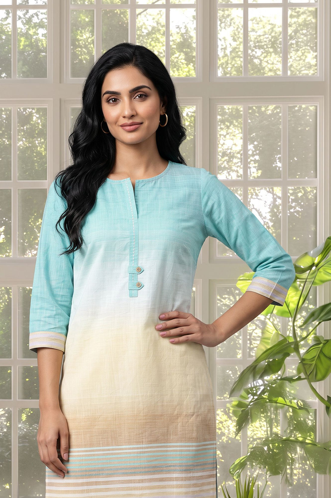 Multicolor Ombre Pure Cotton Straight Kurta with Trouser Set