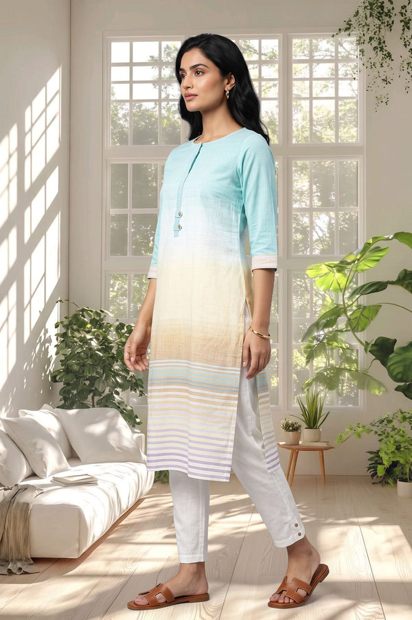 Multicolor Ombre Pure Cotton Straight Kurta with Trouser Set