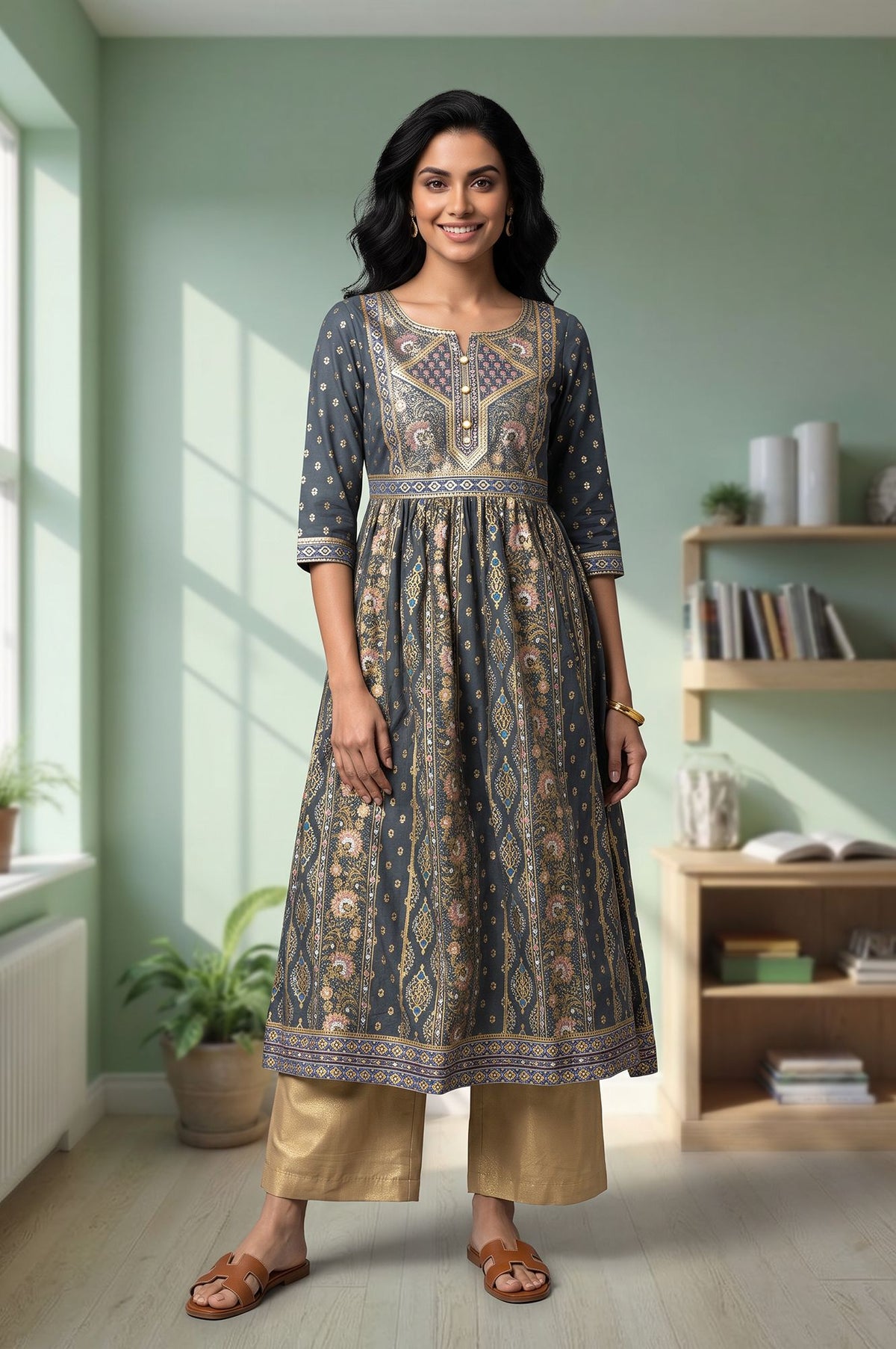 Charcoal Ethnic Motifs Printed Flared Kurta with Palazzo Set - XS