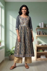 Charcoal Ethnic Motifs Printed Flared Kurta with Palazzo Set