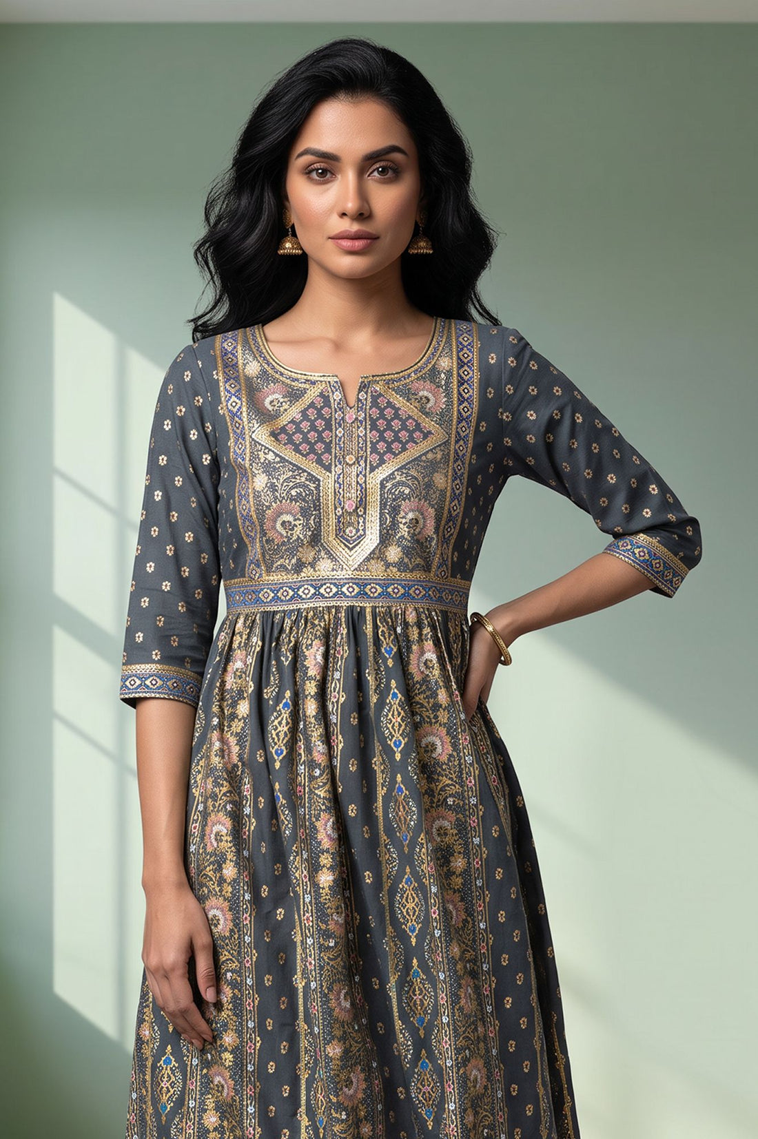 Charcoal Ethnic Motifs Printed Flared Kurta with Palazzo Set