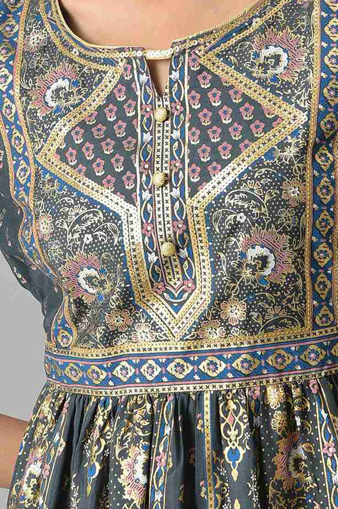 Charcoal Ethnic Motifs Printed Flared Kurta with Palazzo Set