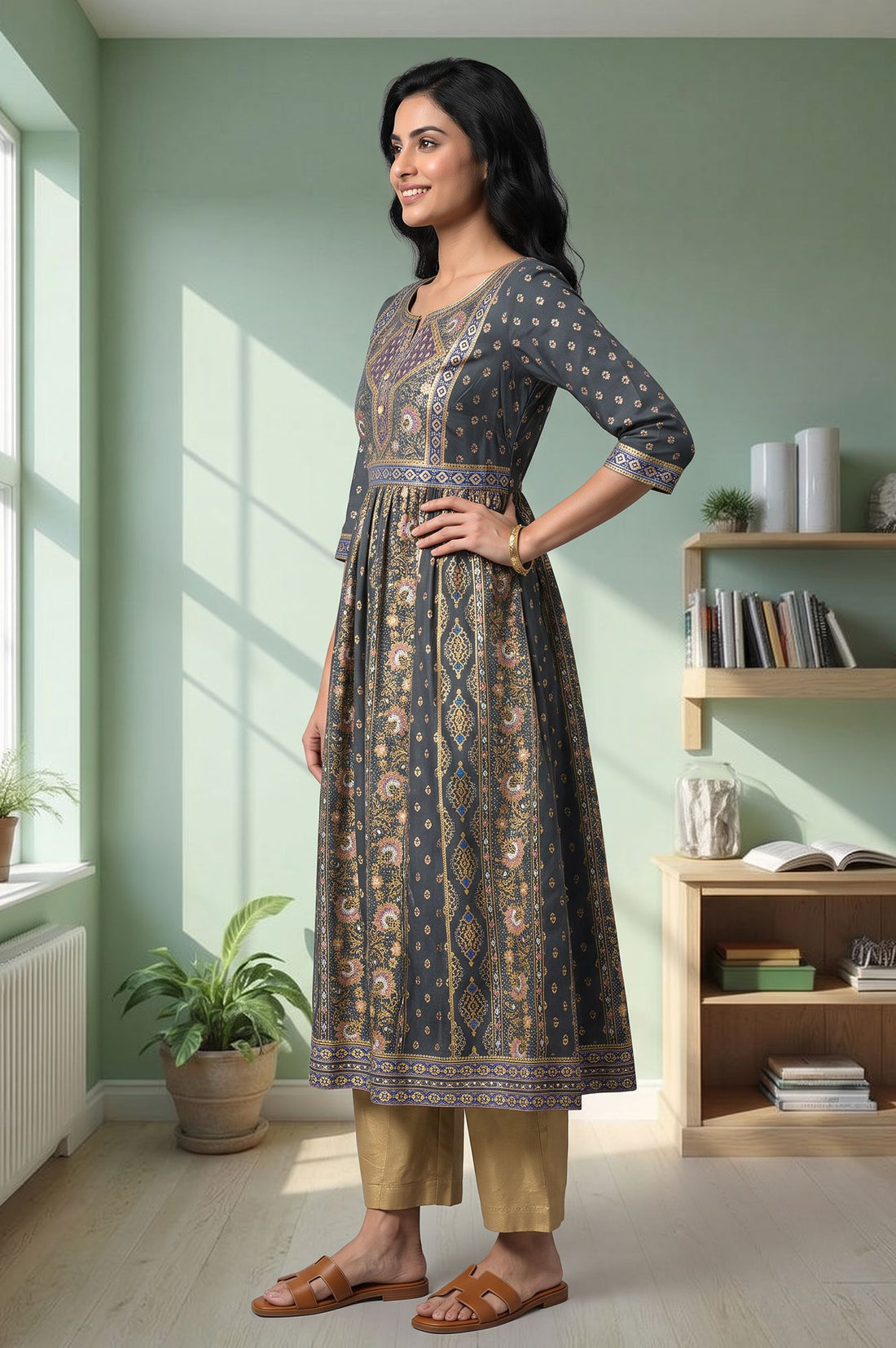 Charcoal Ethnic Motifs Printed Flared Kurta with Palazzo Set