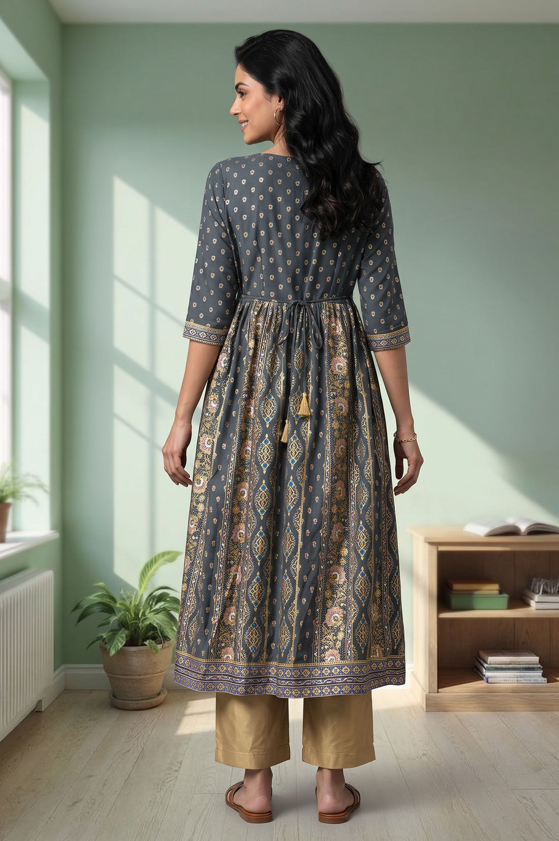 Charcoal Ethnic Motifs Printed Flared Kurta with Palazzo Set