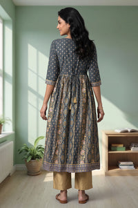 Charcoal Ethnic Motifs Printed Flared Kurta with Palazzo Set