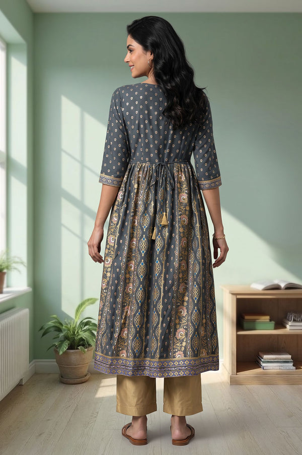 Charcoal Ethnic Motifs Printed Flared Kurta with Palazzo Set