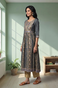Charcoal Ethnic Motifs Printed Flared Kurta with Palazzo Set