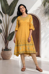 Yellow Geometric Printed Sequins American Crepe A-line Kurta with Tights Set