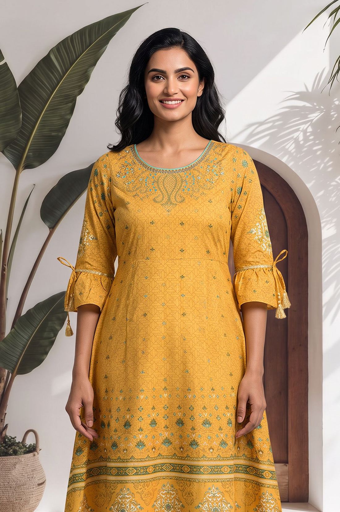 Yellow Geometric Printed Sequins American Crepe A-line Kurta with Tights Set