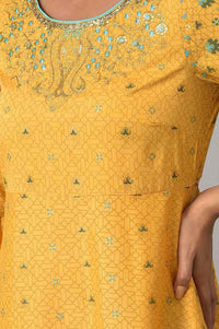 Yellow Geometric Printed Sequins American Crepe A-line Kurta with Tights Set