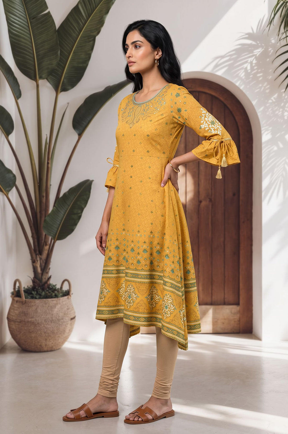 Yellow Geometric Printed Sequins American Crepe A-line Kurta with Tights Set