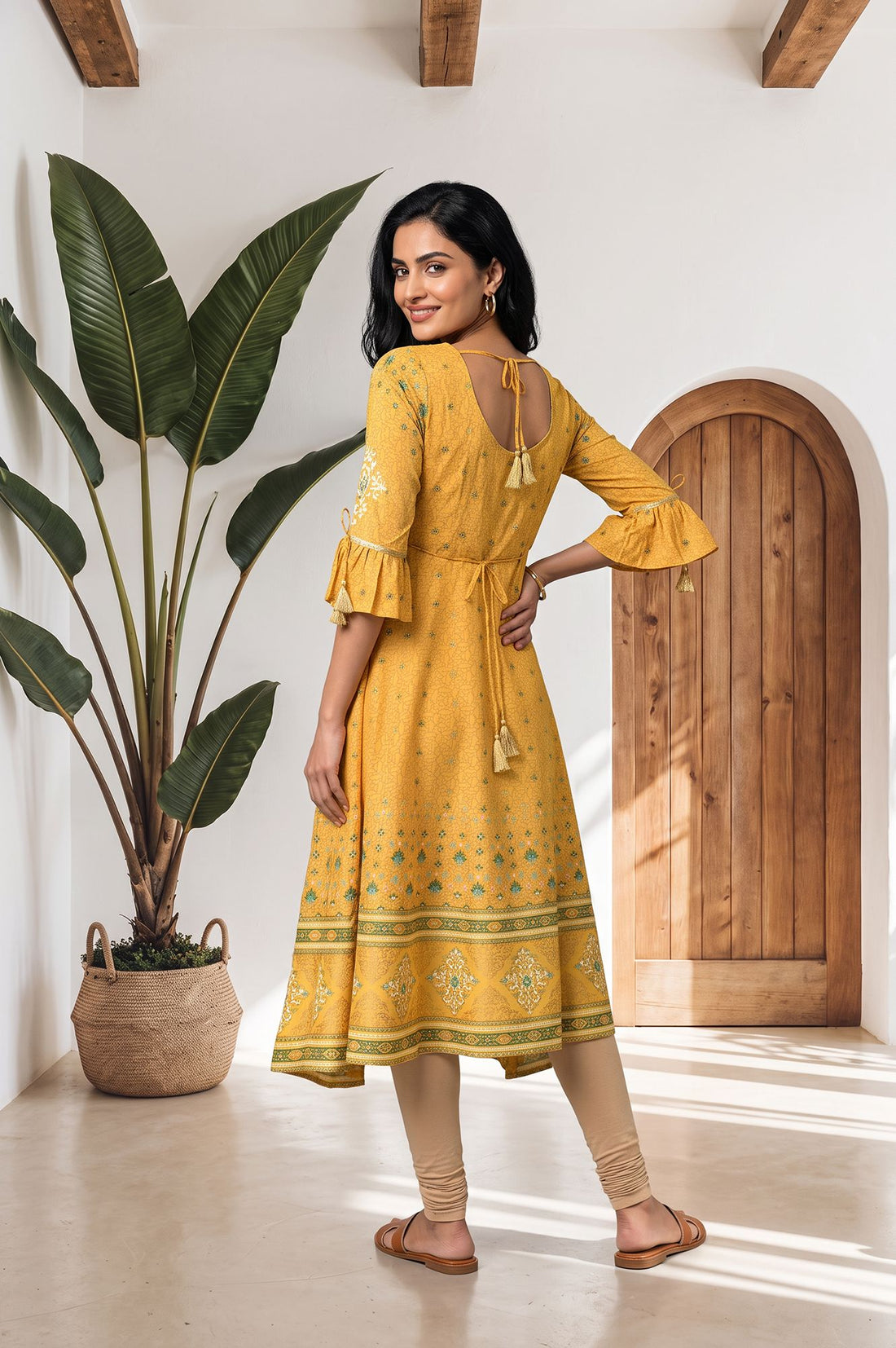 Yellow Geometric Printed Sequins American Crepe A-line Kurta with Tights Set