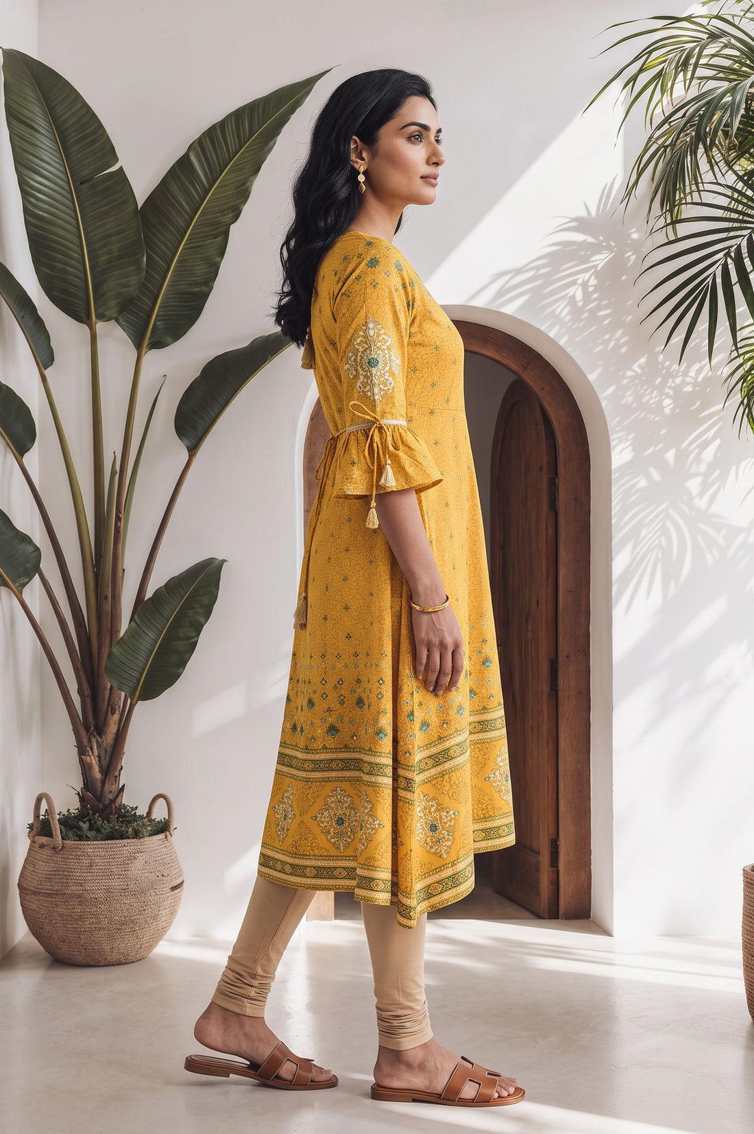 Yellow Geometric Printed Sequins American Crepe A-line Kurta with Tights Set
