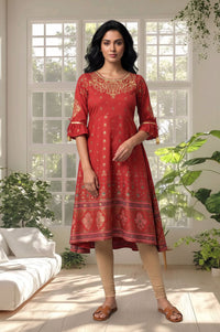 Red Gold Printed Sequins American Crepe A-line Kurta with Tights Set