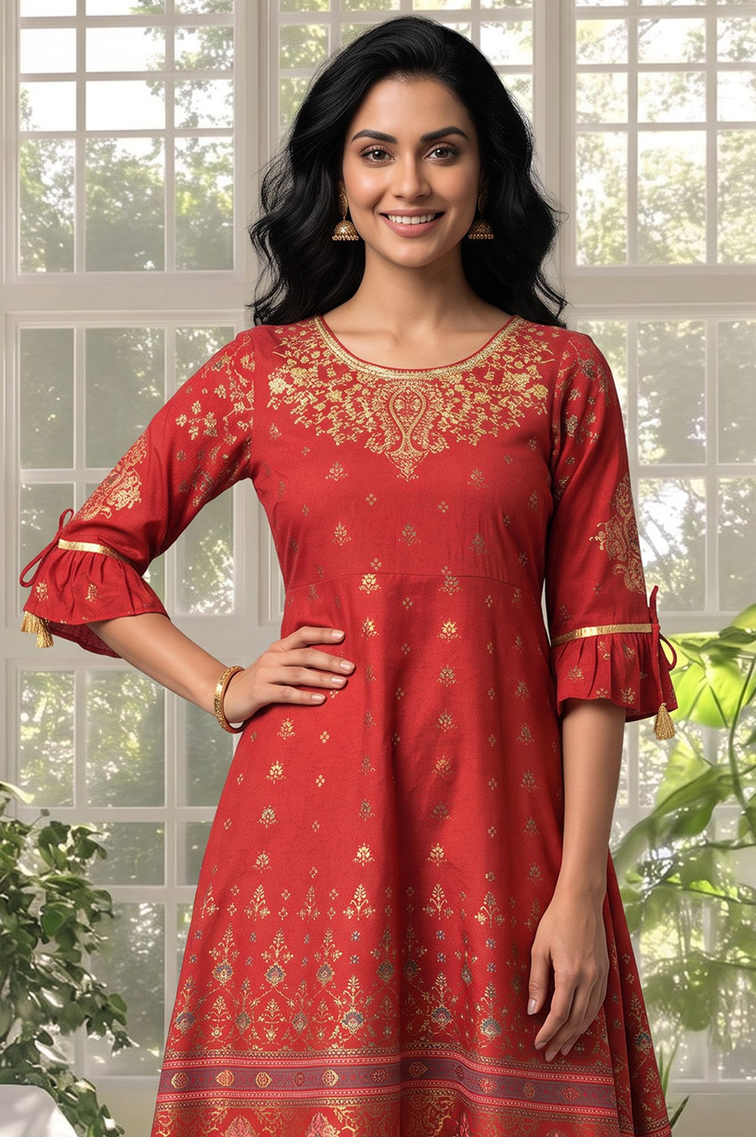 Red Gold Printed Sequins American Crepe A-line Kurta with Tights Set