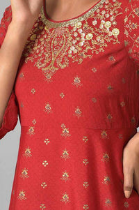 Red Gold Printed Sequins American Crepe A-line Kurta with Tights Set