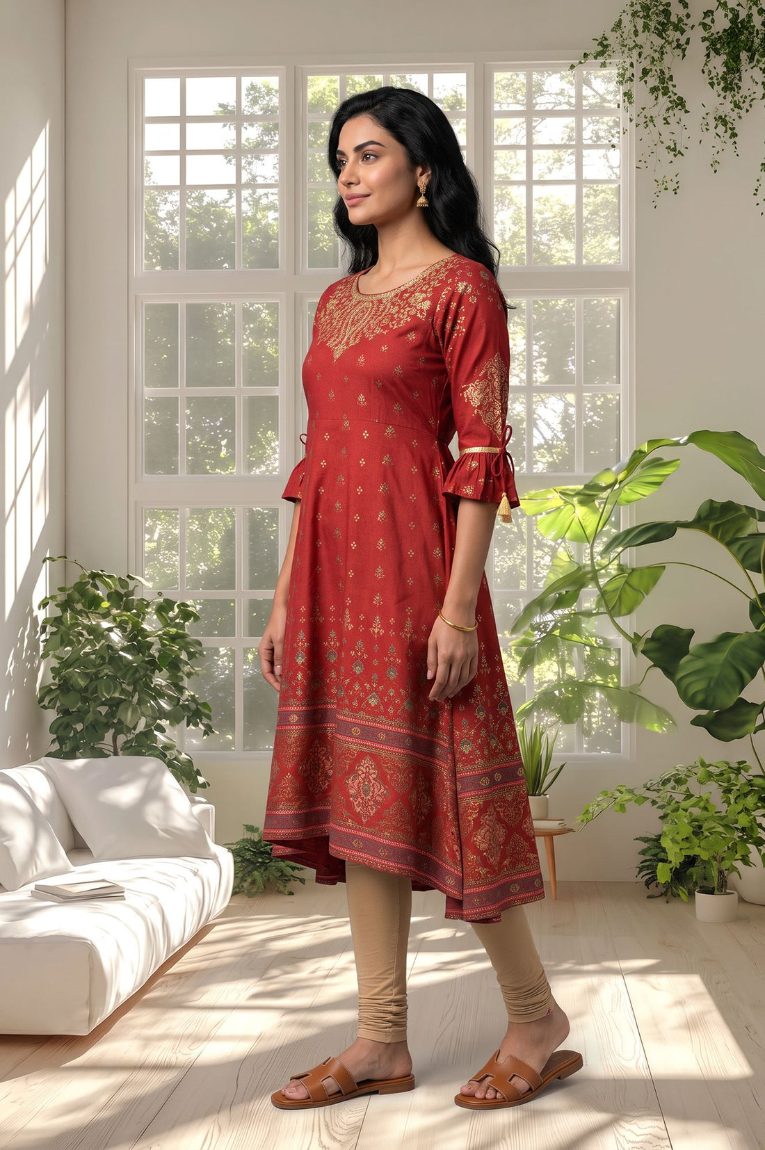Red Gold Printed Sequins American Crepe A-line Kurta with Tights Set